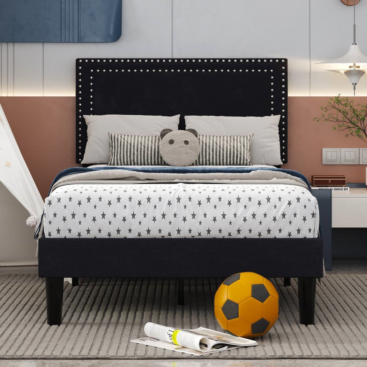 Juego de 2 - Cama de plataforma tapizada con cabecero capitoné negro estilo dormitorio individual