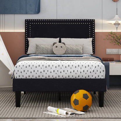 Juego de 2 - Cama de plataforma tapizada con cabecero capitoné negro estilo dormitorio individual