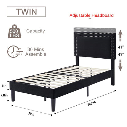Juego de 2 - Cama de plataforma tapizada con cabecero capitoné negro estilo dormitorio individual