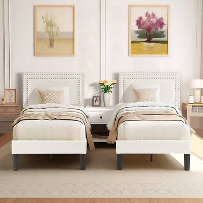 Juego de 2 - Base de cama de plataforma tapizada capitoné blanca tamaño Twin con cabecero