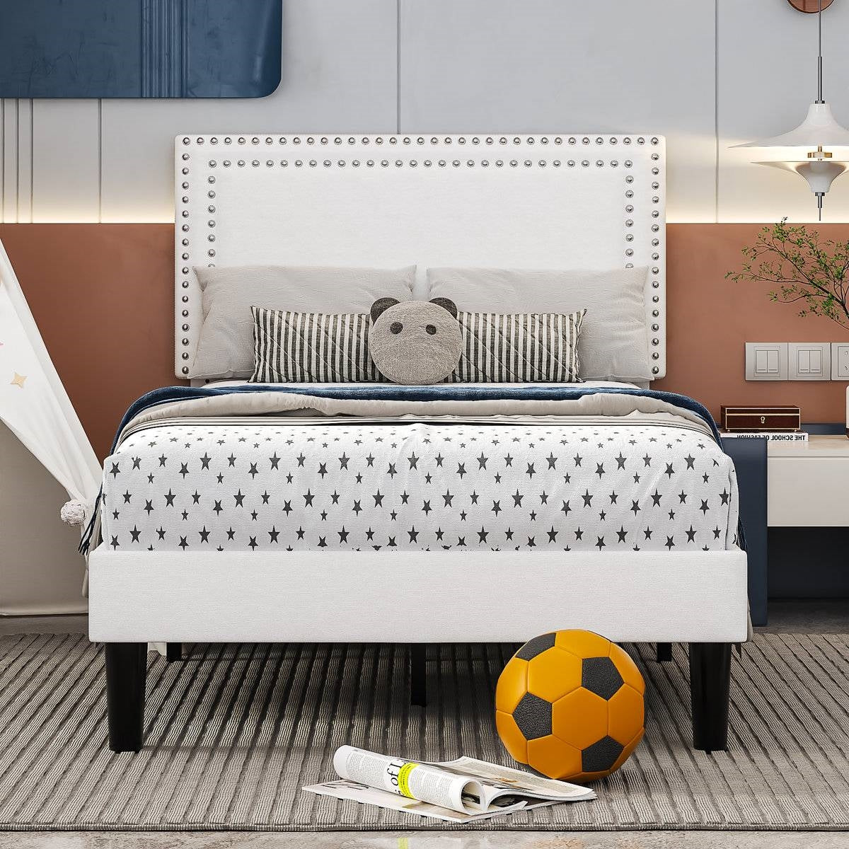 Juego de 2 - Base de cama de plataforma tapizada capitoné blanca tamaño Twin con cabecero