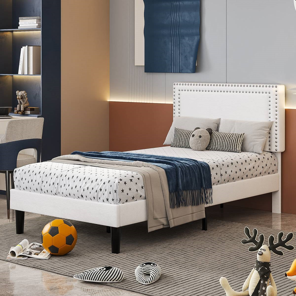 Juego de 2 - Base de cama de plataforma tapizada capitoné blanca tamaño Twin con cabecero
