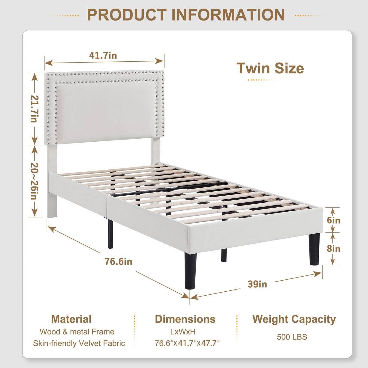 Juego de 2 - Base de cama de plataforma tapizada capitoné blanca tamaño Twin con cabecero