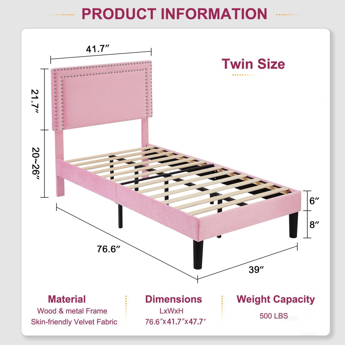Set of 2 - Twin size Pink Upholstered Platform Bed with Nailhead Trim Headboard