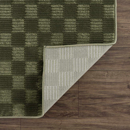 Truls 3D checkered washable rug in green with textured pile and beige binding Boutique Rugs on Tampa Home & Garden Store