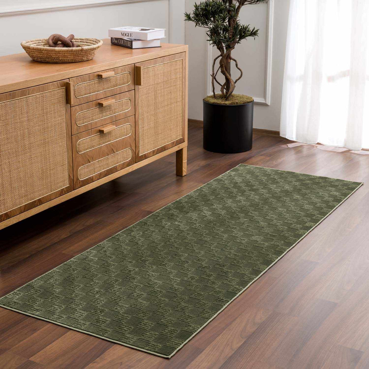 Truls 3D checkered green washable rug runner on wood floor beside cabinet on Tampa Home & Garden Store