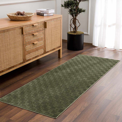 Truls 3D checkered green washable rug runner on wood floor beside cabinet on Tampa Home & Garden Store