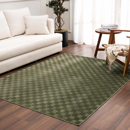 Truls 3D Checkered Washable Rug Green by Boutique Rugs in a living room on Tampa Home & Garden Store