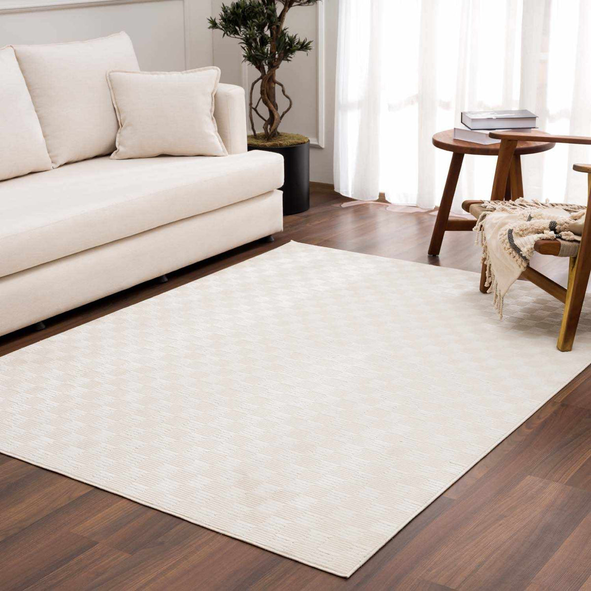 Truls 3D Checkered Washable Rug Bone beige by Boutique Rugs in living room on Tampa Home & Garden Store
