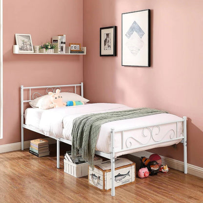 Base de cama doble de plataforma de metal blanco con cabecero y piecero