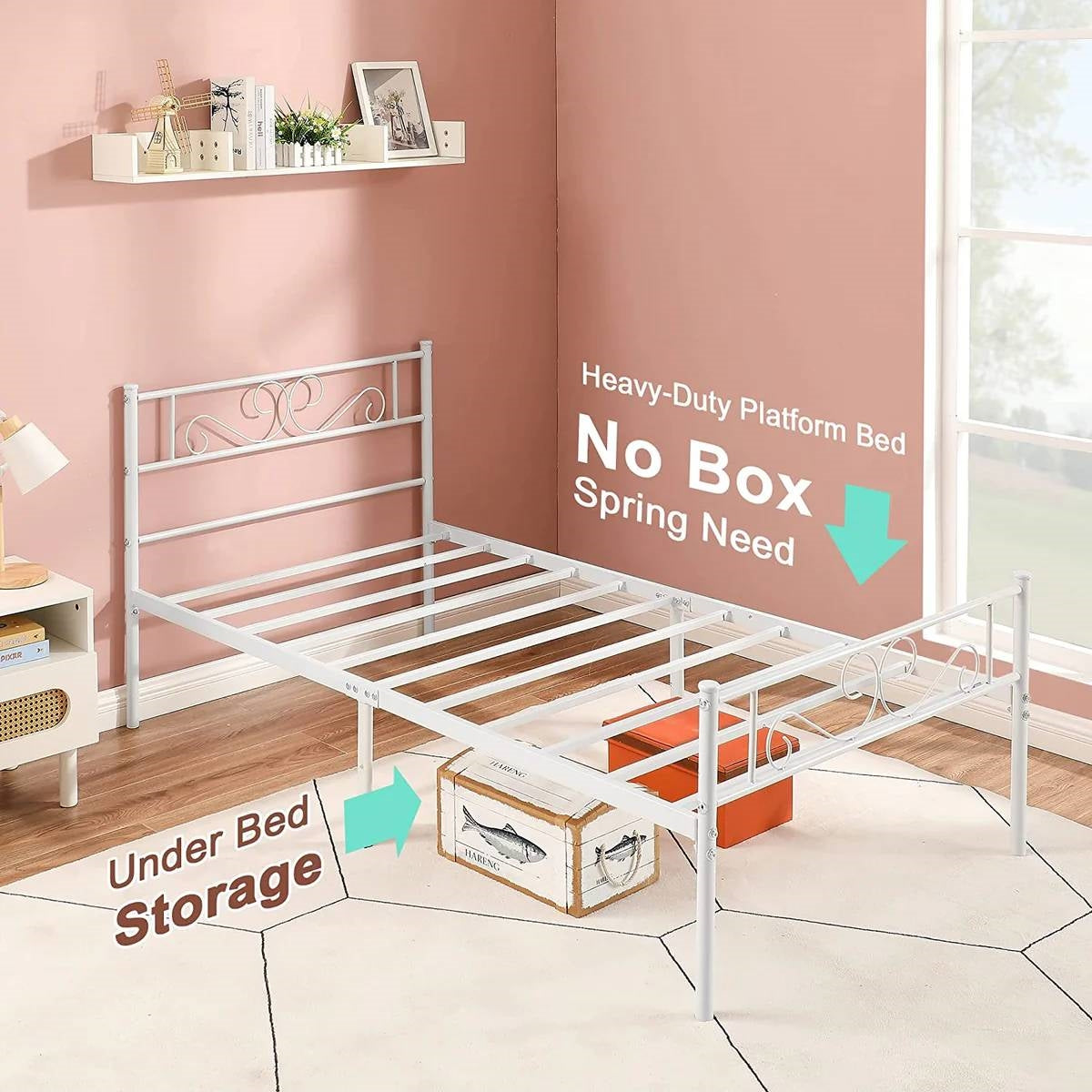Base de cama doble de plataforma de metal blanco con cabecero y piecero