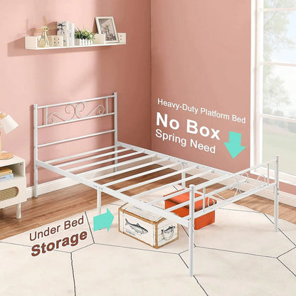 Base de cama doble de plataforma de metal blanco con cabecero y piecero