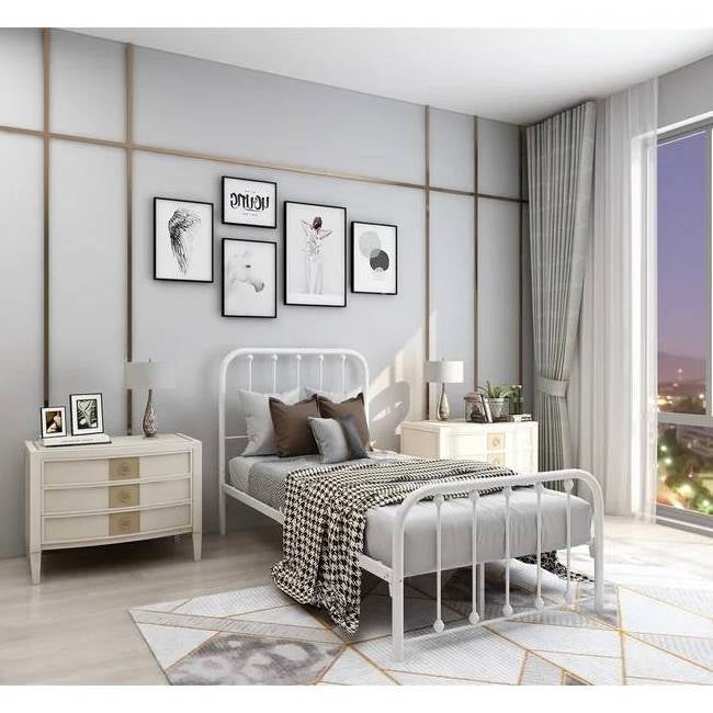 Estructura de cama individual de metal blanco con cabecero y piecero de esquinas redondeadas de listones