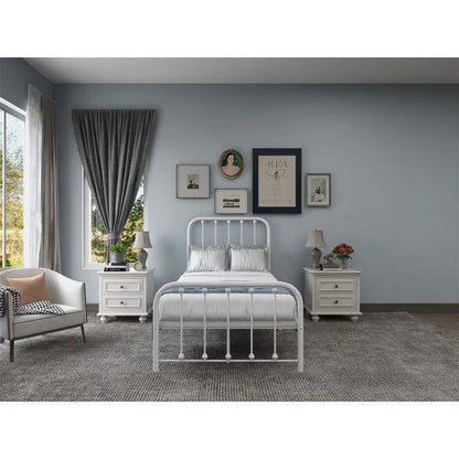 Estructura de cama individual de metal blanco con cabecero y piecero de esquinas redondeadas de listones