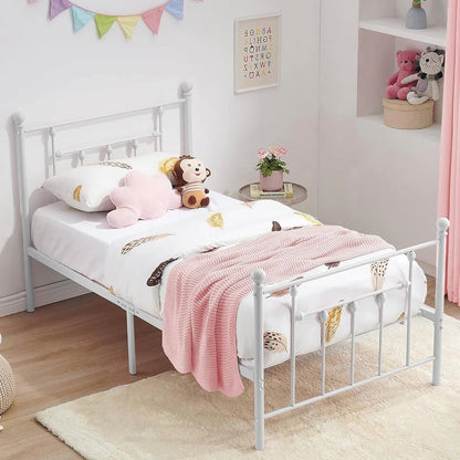 Base de cama individual de metal blanco estilo victoriano con cabecera y pie de cama