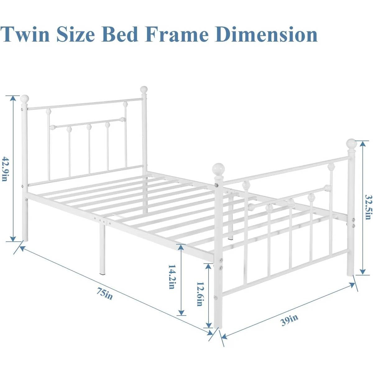 Base de cama individual de metal blanco estilo victoriano con cabecera y pie de cama
