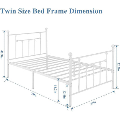 Base de cama individual de metal blanco estilo victoriano con cabecera y pie de cama
