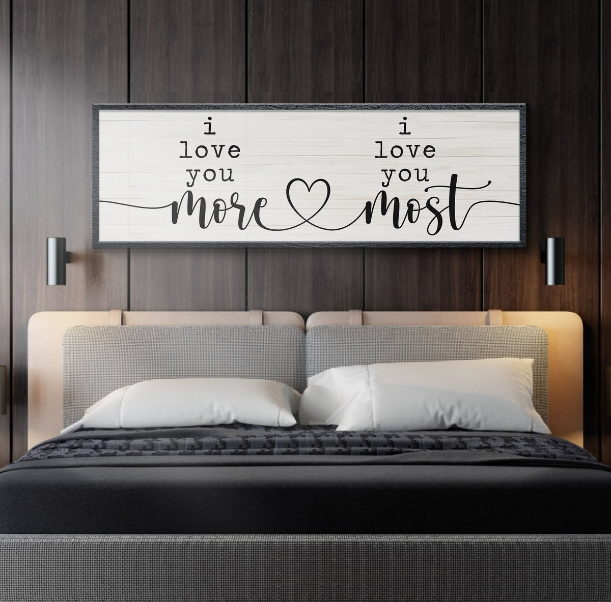 Two-panel canvas sign I Love You More I Love You Most, white with black script, gray frame on Tampa Home & Garden Store