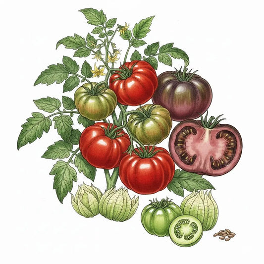 Heirloom Tomato Seeds Blend with multicolor tomatoes on vine and interior, 99Heirlooms.com on Tampa Home & Garden Store
