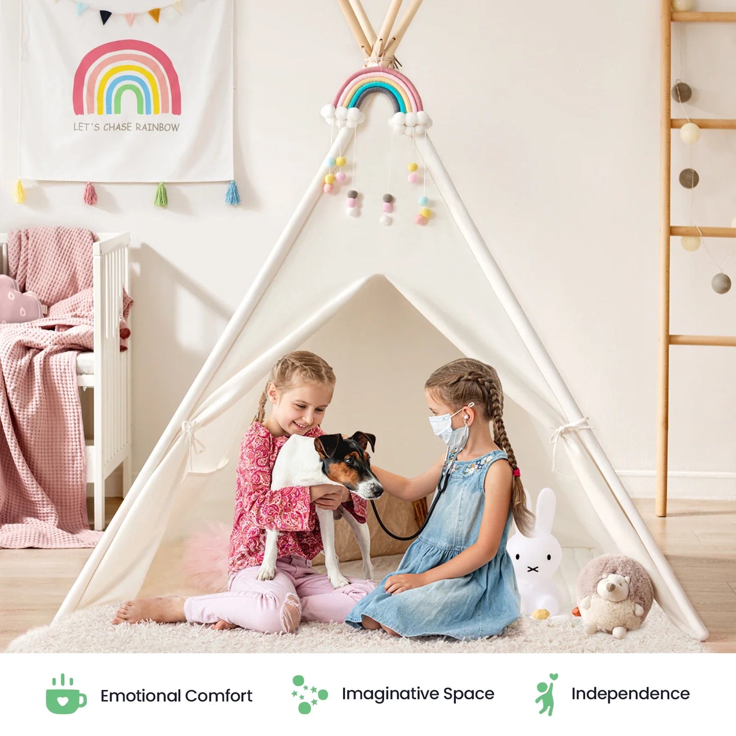Tiny Land INC Teepee Tent for Kids with Mat, indoor play tent with rainbow arch and pom-poms on Tampa Home & Garden Store