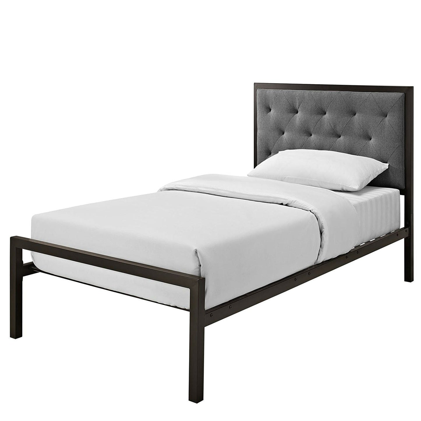 Cama de plataforma individual de metal con cabecero tapizado de tela gris con botones.