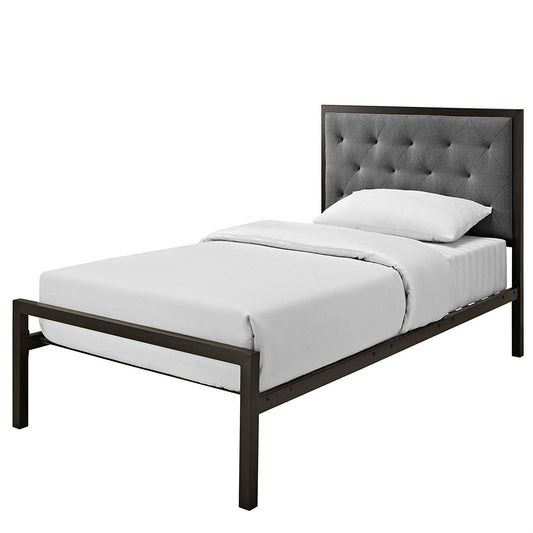 Twin Metal Platform Bed with Gray Fabric Button Tufted Upholstered Headboard - Tampa Home & Garden Store