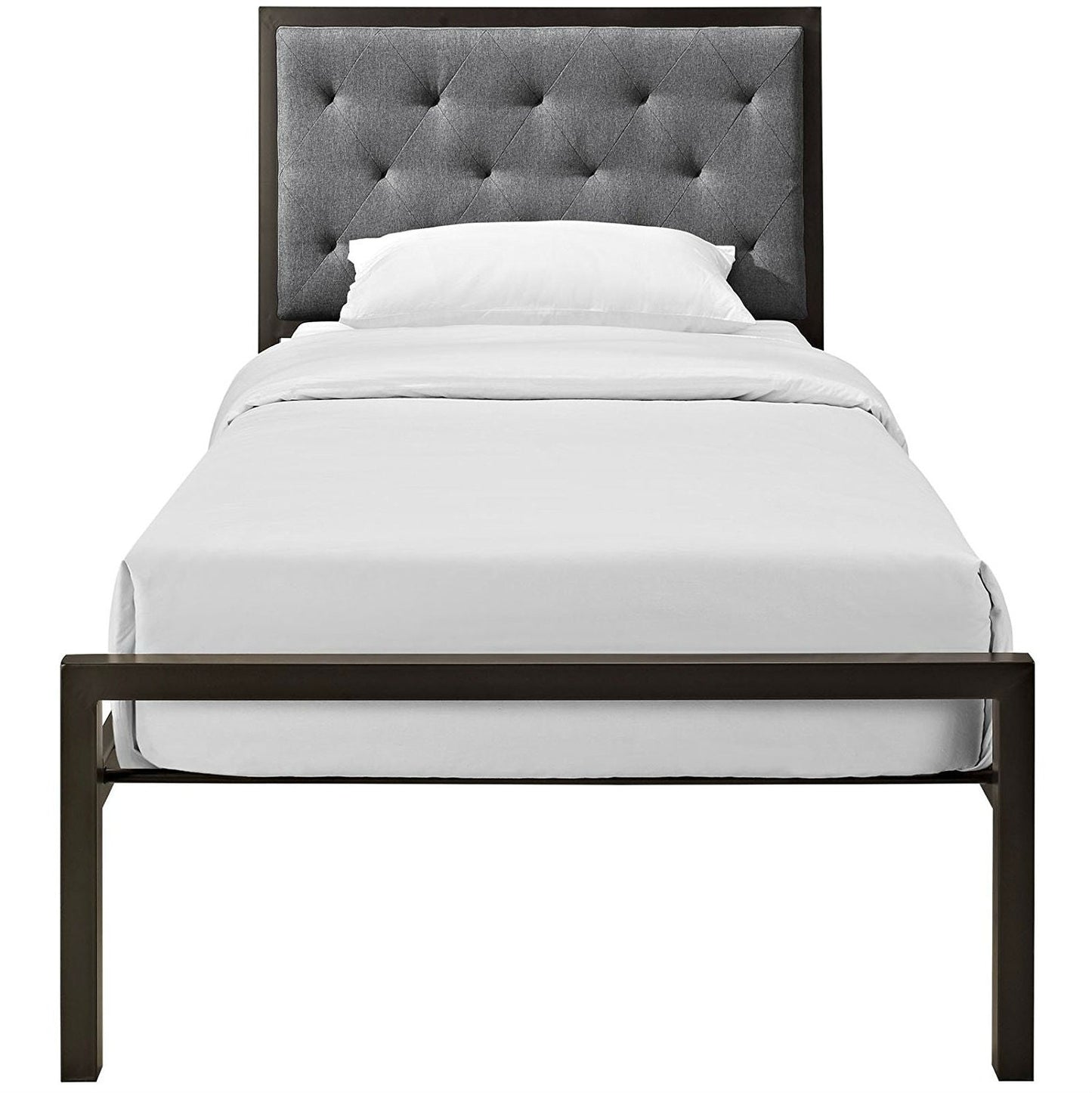 Cama de plataforma individual de metal con cabecero tapizado de tela gris con botones.