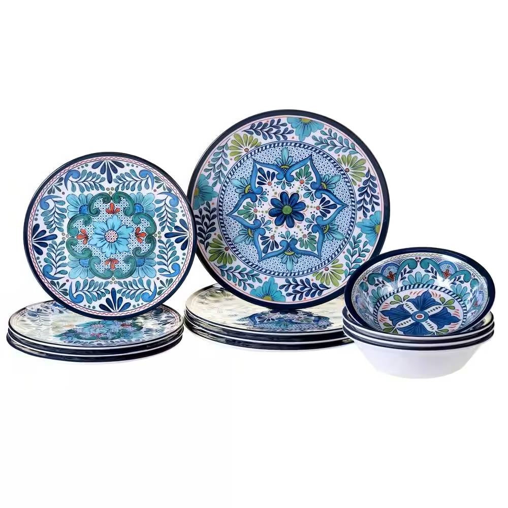 Juego de vajilla de melamina de 12 piezas con patrón floral azul