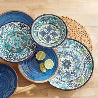 Juego de vajilla de melamina de 12 piezas con patrón floral azul