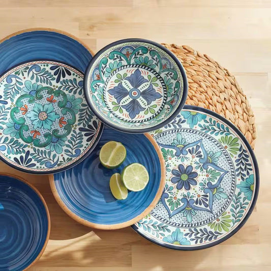 Juego de vajilla de melamina de 12 piezas con patrón floral azul