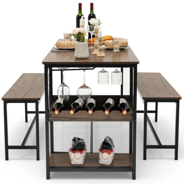 Juego de Comedor Moderno Industrial de 3 Piezas de Metal y Madera con 2 Bancos y Botellero