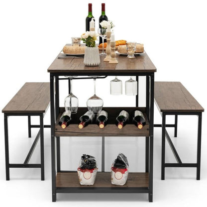 Juego de Comedor Moderno Industrial de 3 Piezas de Metal y Madera con 2 Bancos y Botellero