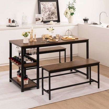 Juego de Comedor Moderno Industrial de 3 Piezas de Metal y Madera con 2 Bancos y Botellero