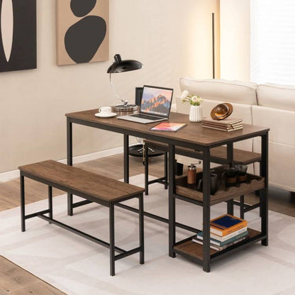 Juego de Comedor Moderno Industrial de 3 Piezas de Metal y Madera con 2 Bancos y Botellero