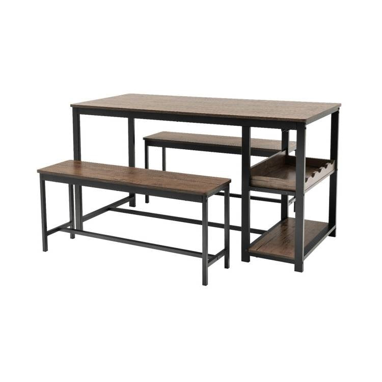 Juego de Comedor Moderno Industrial de 3 Piezas de Metal y Madera con 2 Bancos y Botellero
