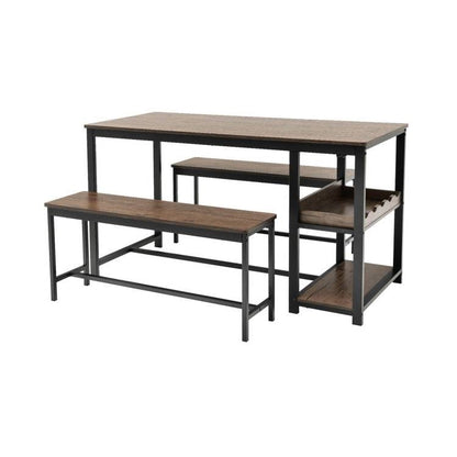 Juego de Comedor Moderno Industrial de 3 Piezas de Metal y Madera con 2 Bancos y Botellero