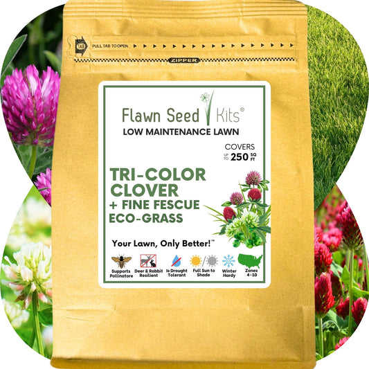 Tri-Color Clover + Fine Fescue lawn seed bag by Flawn Seed Kits, low maintenance eco-grass on Tampa Home & Garden Store