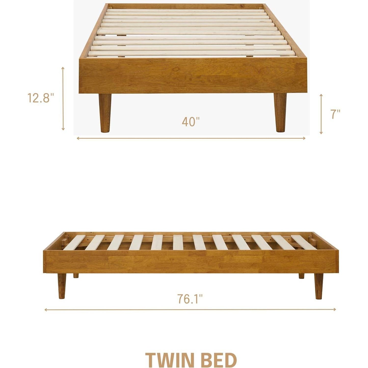 Base de cama plataforma individual de mediados de siglo moderna con acabado de madera clara