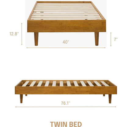 Base de cama plataforma individual de mediados de siglo moderna con acabado de madera clara