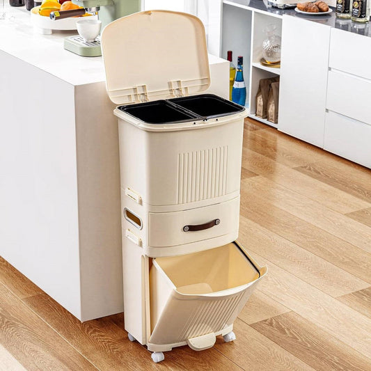 12-Gallon Elevated Trash Can Recycle Bin with Lid on Wheels in Cream - Tampa Home & Garden Store