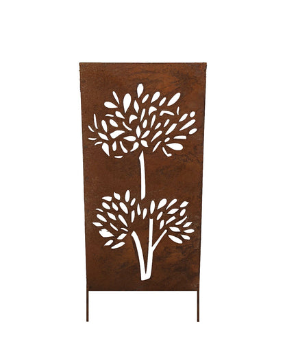 Outdoor privacy screen 46in rust-metal panel with tree cutout Rustica Ornamentals on Tampa Home & Garden Store
