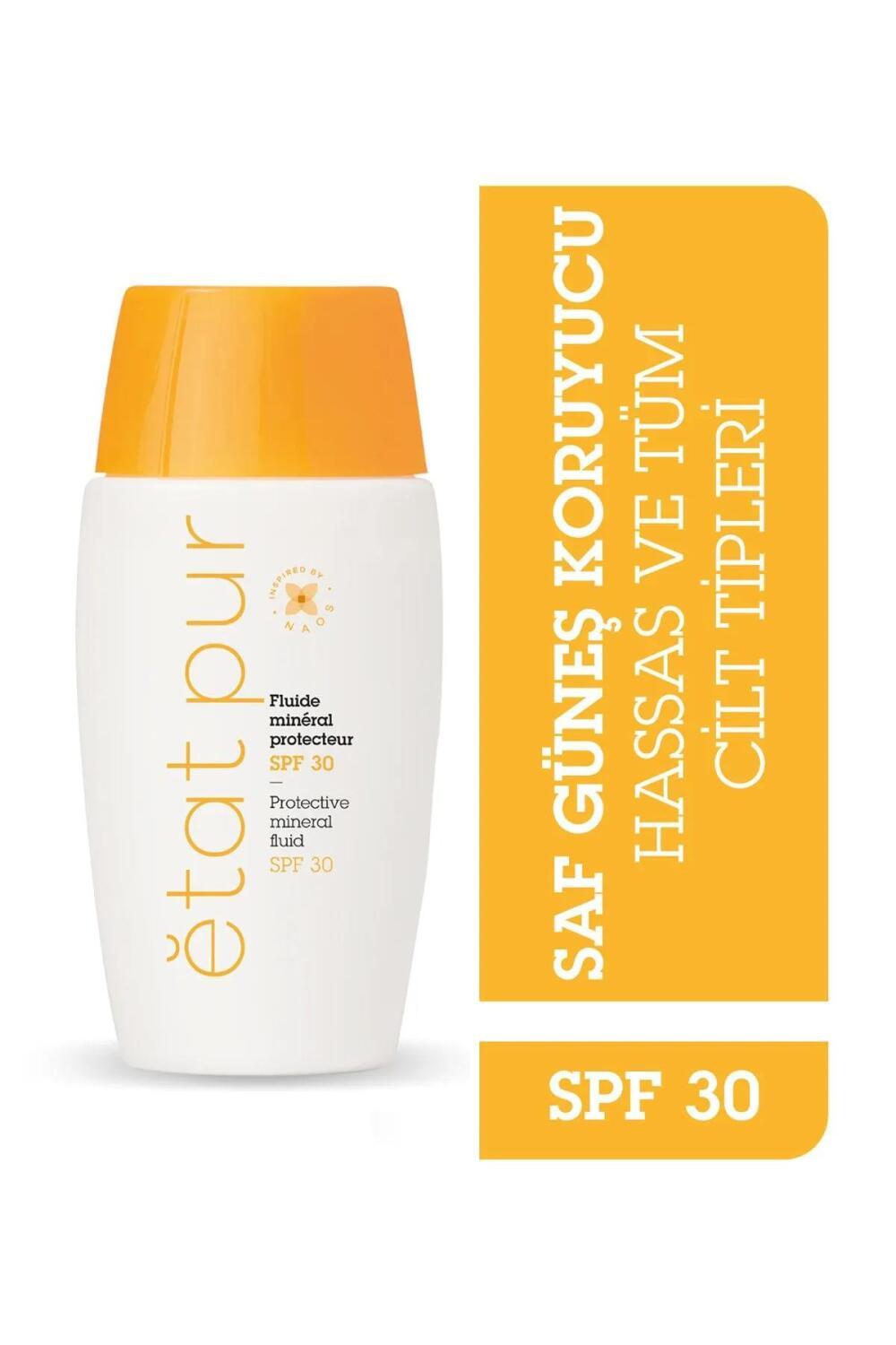 Etat Pur Mineral Sunscreen Fluid SPF 30 bottle by Beauty Care Bag with orange cap on Tampa Home & Garden Store