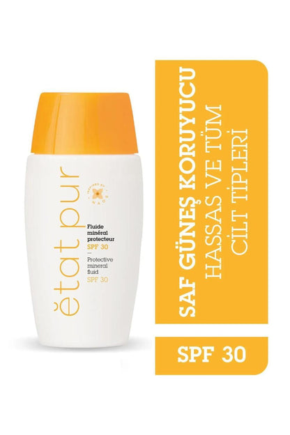 Etat Pur Mineral Sunscreen Fluid SPF 30 bottle by Beauty Care Bag with orange cap on Tampa Home & Garden Store