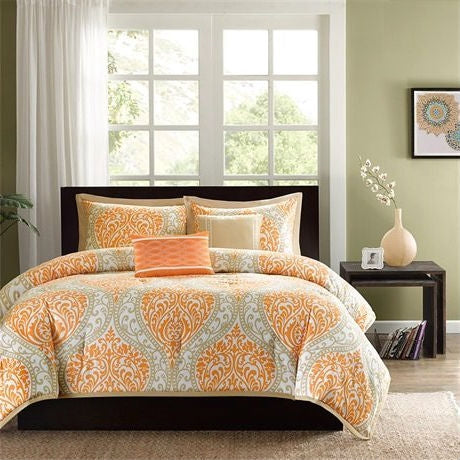Juego de edredón Twin de 4 piezas con estampado de damasco naranja y blanco