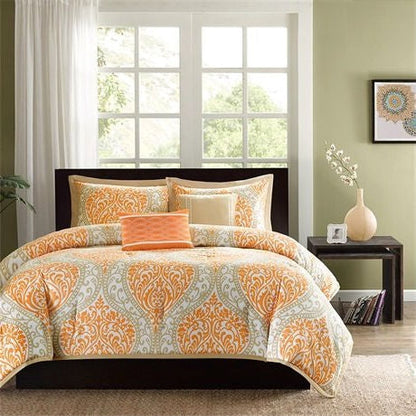 Juego de edredón Twin de 4 piezas con estampado de damasco naranja y blanco