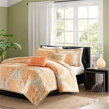 Juego de edredón Twin de 4 piezas con estampado de damasco naranja y blanco