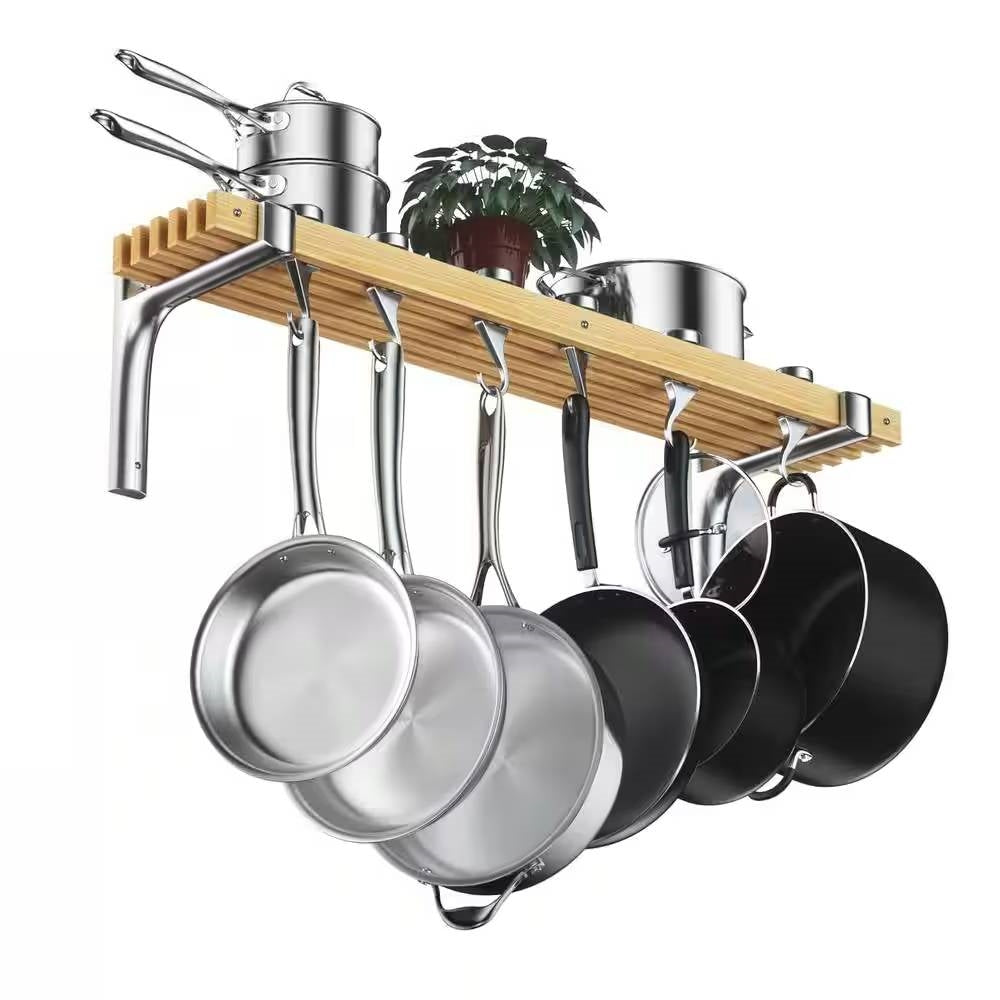 Estante de pared para ollas de metal y madera de 36 x 8 pulgadas con 6 ganchos giratorios