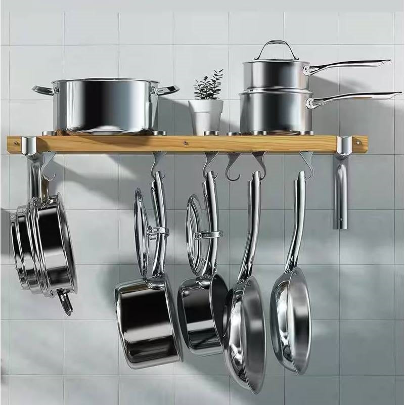 Estante de pared para ollas de metal y madera de 36 x 8 pulgadas con 6 ganchos giratorios