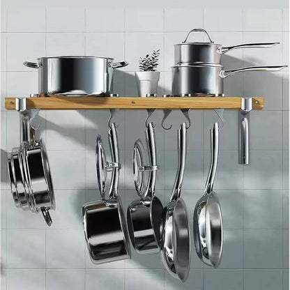 Estante de pared para ollas de metal y madera de 36 x 8 pulgadas con 6 ganchos giratorios