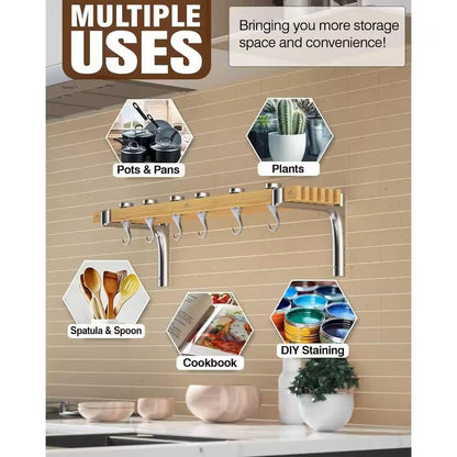 Estante de pared para ollas de metal y madera de 36 x 8 pulgadas con 6 ganchos giratorios